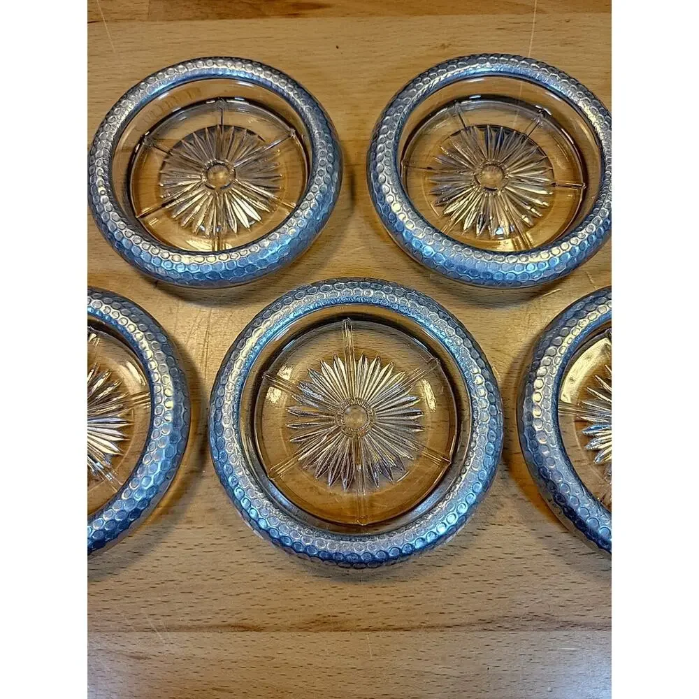 Vintage Coasters Glass Star Starburst Pattern w/ Hammered Aluminum Trim set of 5